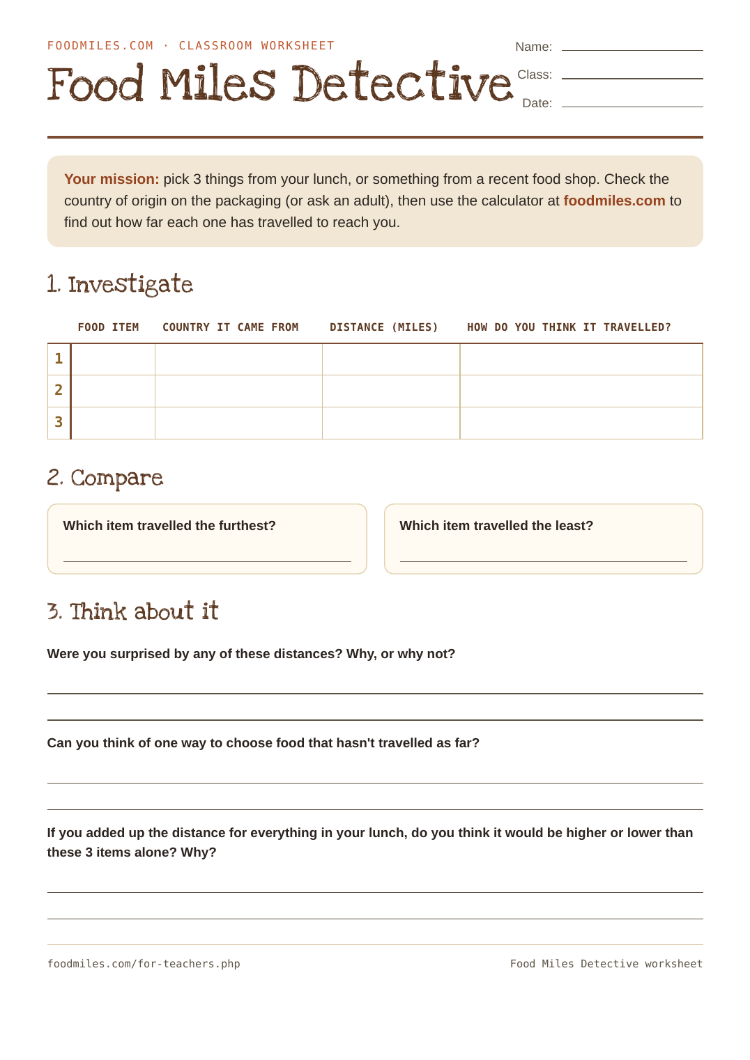 Preview of the Food Miles Detective worksheet, showing an investigate table, compare section and reflection questions